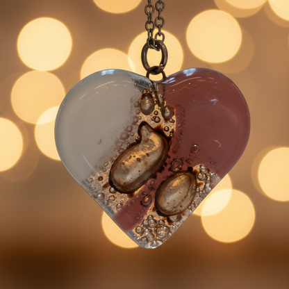 Pale pink, white and light brown Heart shape Recycled Fused Glass Necklace limited edition. Heart pendant