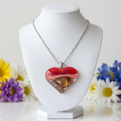 Nice color re, copper and brown Heart shape Recycled Fused Glass Necklace limited edition. Heart pendant