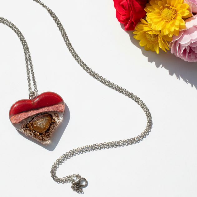 Nice color re, copper and brown Heart shape Recycled Fused Glass Necklace limited edition. Heart pendant