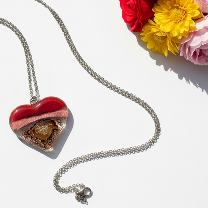 Nice color re, copper and brown Heart shape Recycled Fused Glass Necklace limited edition. Heart pendant