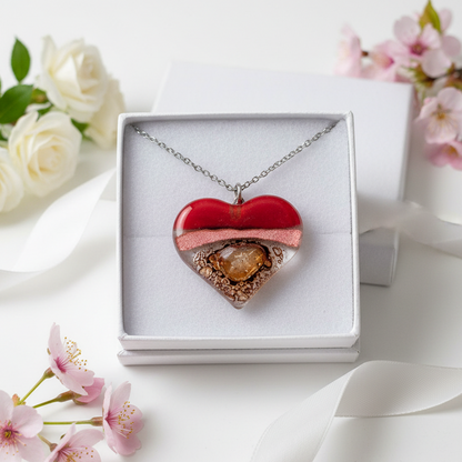Nice color re, copper and brown Heart shape Recycled Fused Glass Necklace limited edition. Heart pendant