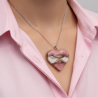 Pink,  brown and white Heart shape Recycled Fused Glass Necklace limited edition. Heart pendant