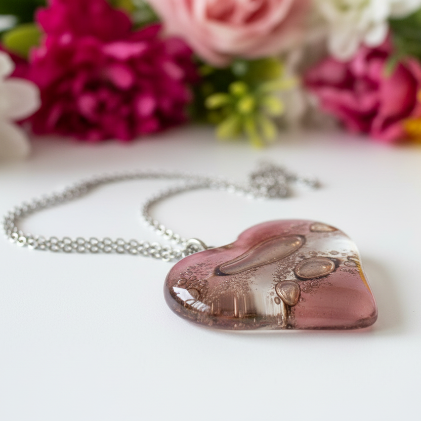Pink,  brown and white Heart shape Recycled Fused Glass Necklace limited edition. Heart pendant