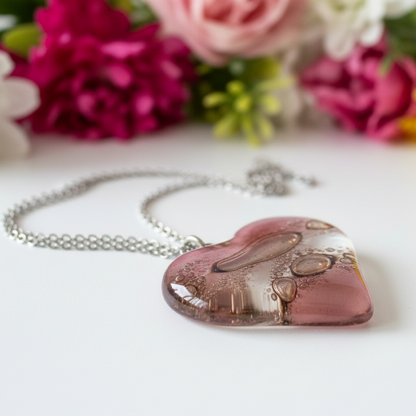 Pink,  brown and white Heart shape Recycled Fused Glass Necklace limited edition. Heart pendant