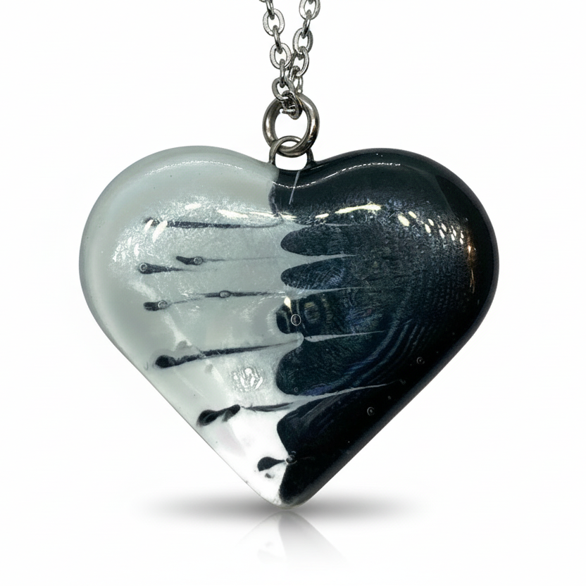 Black and white Heart shape Recycled Fused Glass Necklace limited edition. Heart pendant