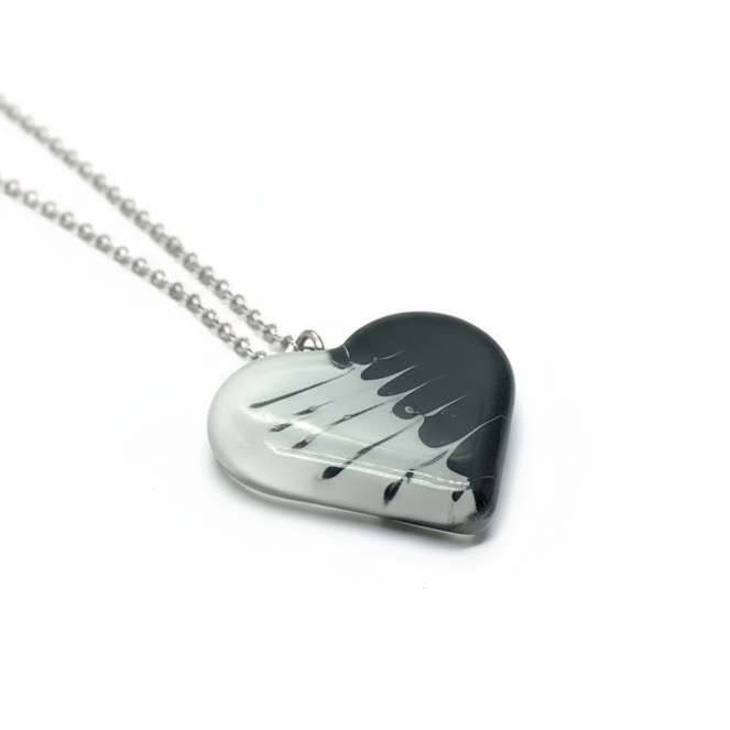 Black and white Heart shape Recycled Fused Glass Necklace limited edition. Heart pendant