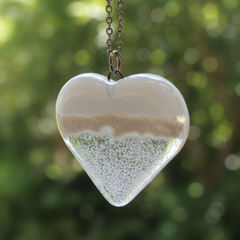 White and clear white Heart shape Recycled Fused Glass Necklace limited edition. Heart pendant