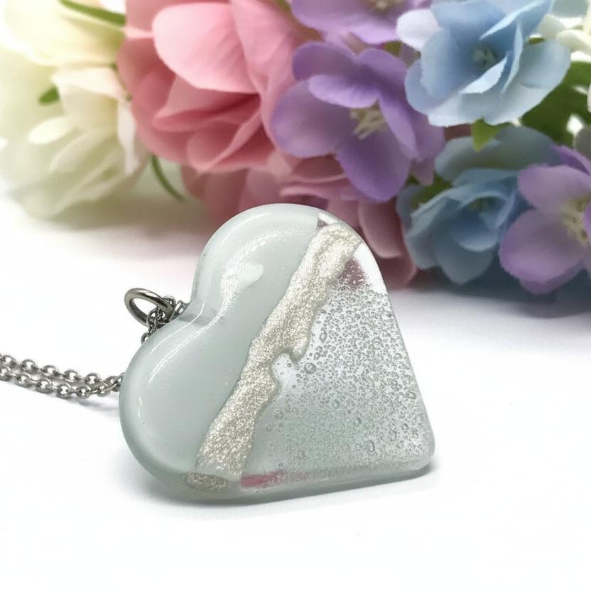 White and clear white Heart shape Recycled Fused Glass Necklace limited edition. Heart pendant