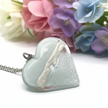 White and clear white Heart shape Recycled Fused Glass Necklace limited edition. Heart pendant