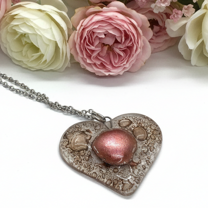 Copper and caramel brown Heart shape Recycled Fused Glass Necklace limited edition. Heart pendant