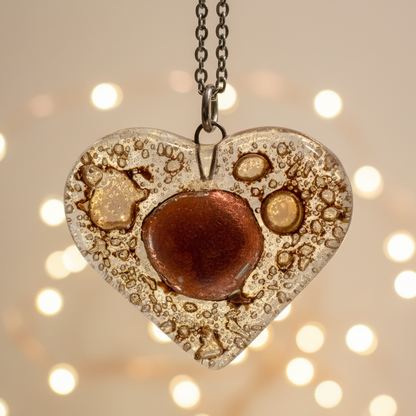 Copper and caramel brown Heart shape Recycled Fused Glass Necklace limited edition. Heart pendant