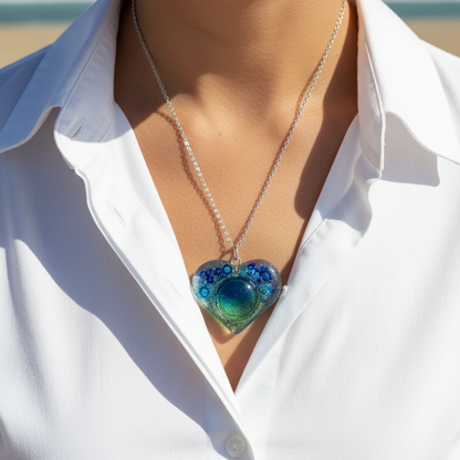 Blue Turquoise and green Heart shape Recycled Fused Glass Necklace limited edition. Heart pendant