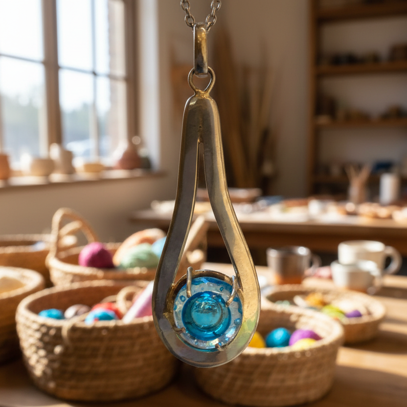 Unique  Recycled Glass Turquoise pendant . Delicate Handmade fused necklace. Dainty glass jewelry . Unique pieces. Awesome stone