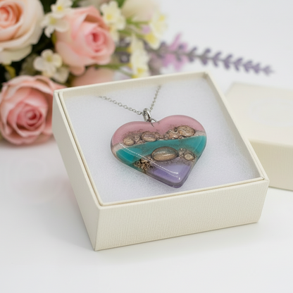 Pink, teal, brown and lilac Heart shape Recycled Fused Glass Necklace limited edition. Heart pendant