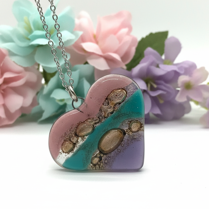 Pink, teal, brown and lilac Heart shape Recycled Fused Glass Necklace limited edition. Heart pendant