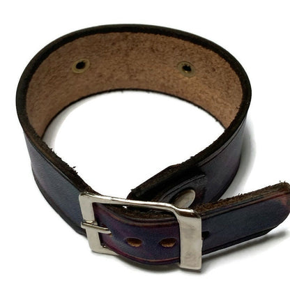 Handmade dyed color leather cuff. Recycled fused glass bracelet. Hand painted natural leather.