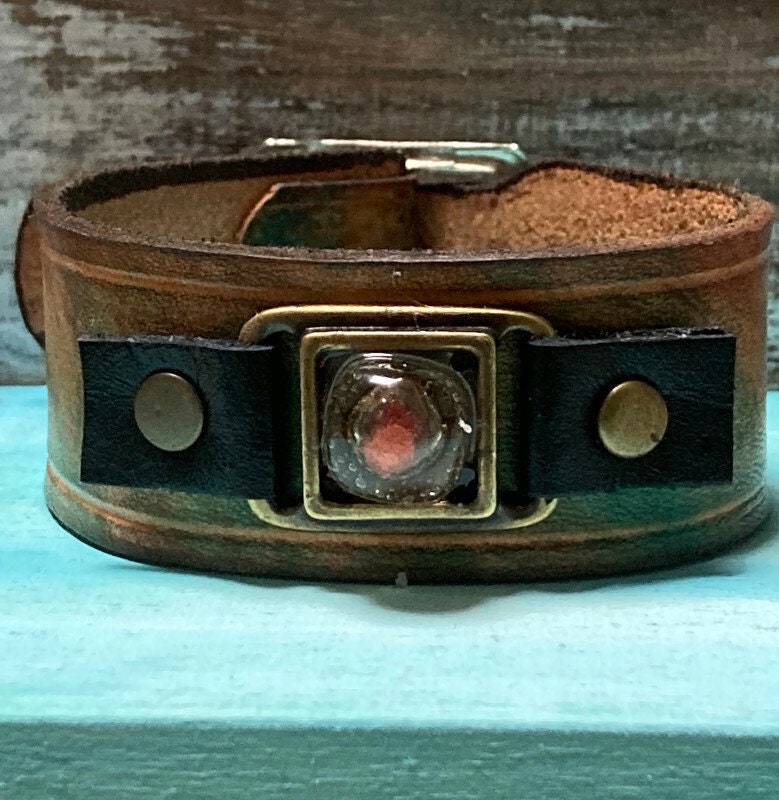 Hand dyed color leather cuff. Recycled fused glass bracelet. Hand painted natural leather. Caramel Brown and copper color