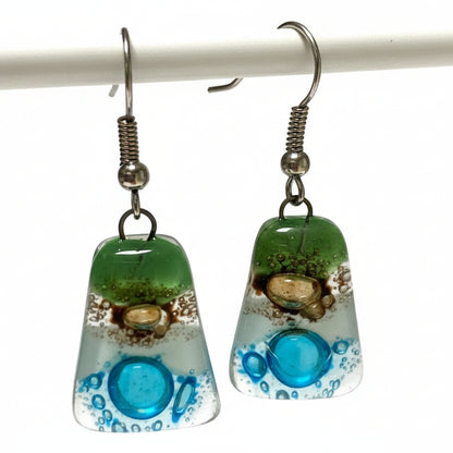 Green, Brown, white and Turquoise Recycled Fused Glass dangle Earring. Drop Earrings. Glass Art
