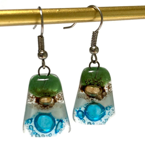 Green, Brown, white and Turquoise Recycled Fused Glass dangle Earring. Drop Earrings. Glass Art