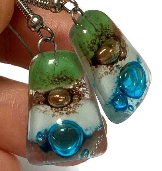 Green, Brown, white and Turquoise Recycled Fused Glass dangle Earring. Drop Earrings. Glass Art