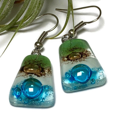 Green, Brown, white and Turquoise Recycled Fused Glass dangle Earring. Drop Earrings. Glass Art