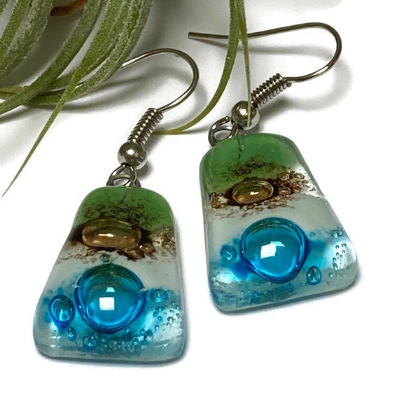 Green, Brown, white and Turquoise Recycled Fused Glass dangle Earring. Drop Earrings. Glass Art