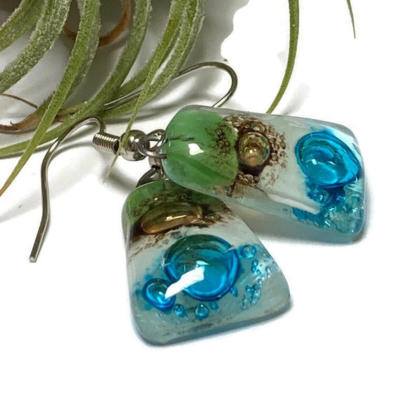 Green, Brown, white and Turquoise Recycled Fused Glass dangle Earring. Drop Earrings. Glass Art