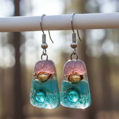 Pink, sea foam green , green and brown Drop Earrings. Glass Art Recycled Fused Glass dangle Earring.