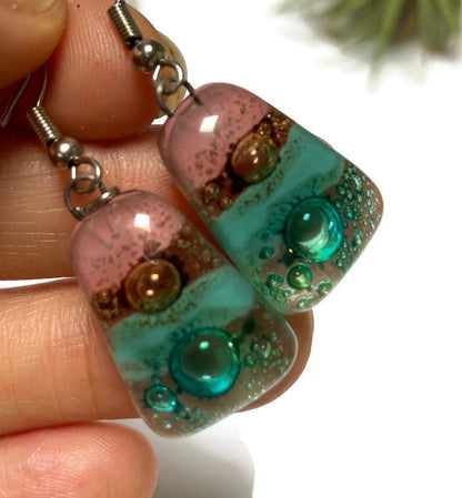 Pink, sea foam green , green and brown Drop Earrings. Glass Art Recycled Fused Glass dangle Earring.