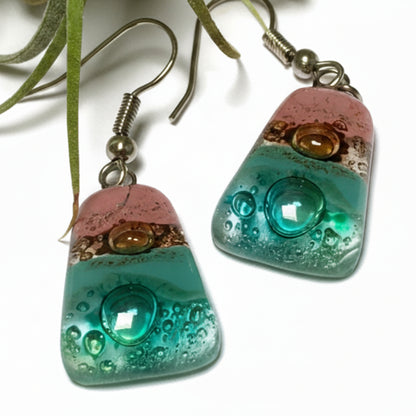 Pink, sea foam green , green and brown Drop Earrings. Glass Art Recycled Fused Glass dangle Earring.