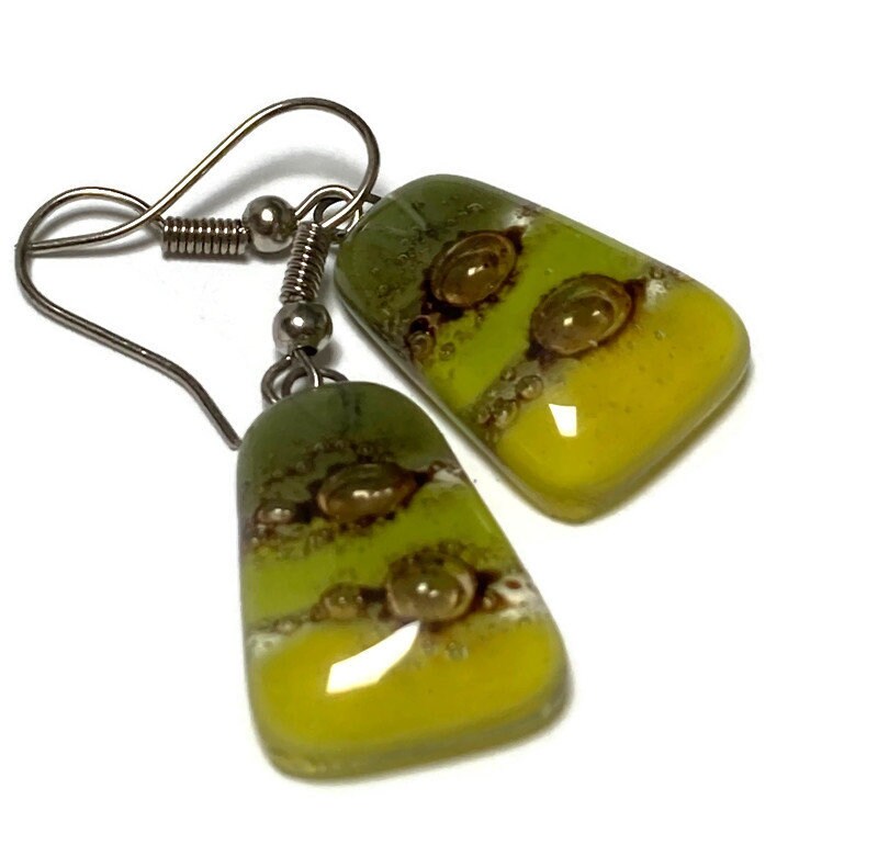 Shades of green Recycled  Fused Glass dangle Earring. Handmade drop, dangle earrings