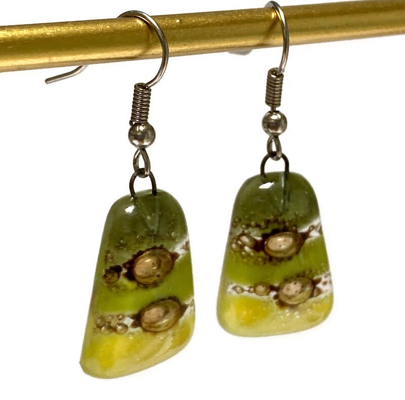 Shades of green Recycled  Fused Glass dangle Earring. Handmade drop, dangle earrings