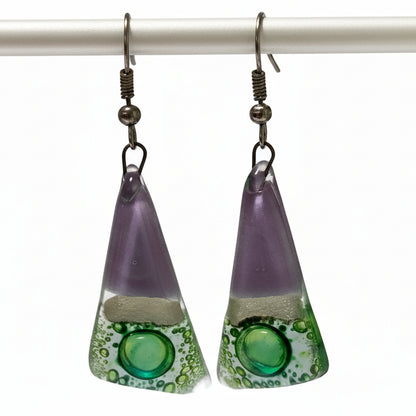 Long Triangle Drop drop Earrings. Green, Lilac and pearly white Recycled Fused Glass dangle earrings