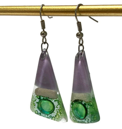 Long Triangle Drop drop Earrings. Green, Lilac and pearly white Recycled Fused Glass dangle earrings