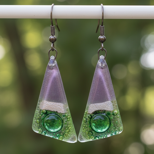 Long Triangle Drop drop Earrings. Green, Lilac and pearly white Recycled Fused Glass dangle earrings