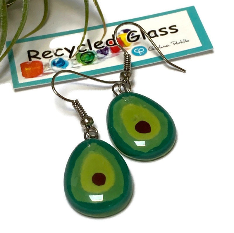 Green Avocado dangle Fused Glass Drop Earrings. Fun Everyday earrings. Handcrafted beads and charms.