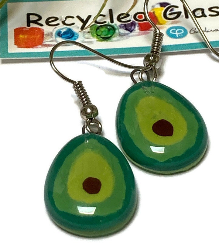 Green Avocado dangle Fused Glass Drop Earrings. Fun Everyday earrings. Handcrafted beads and charms.