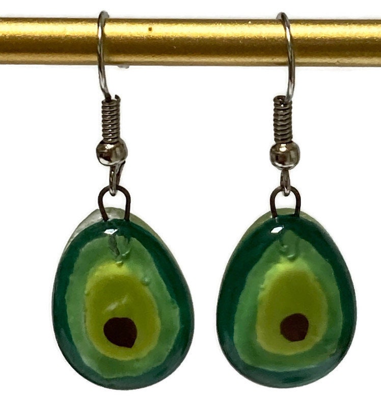 Green Avocado dangle Fused Glass Drop Earrings. Fun Everyday earrings. Handcrafted beads and charms.