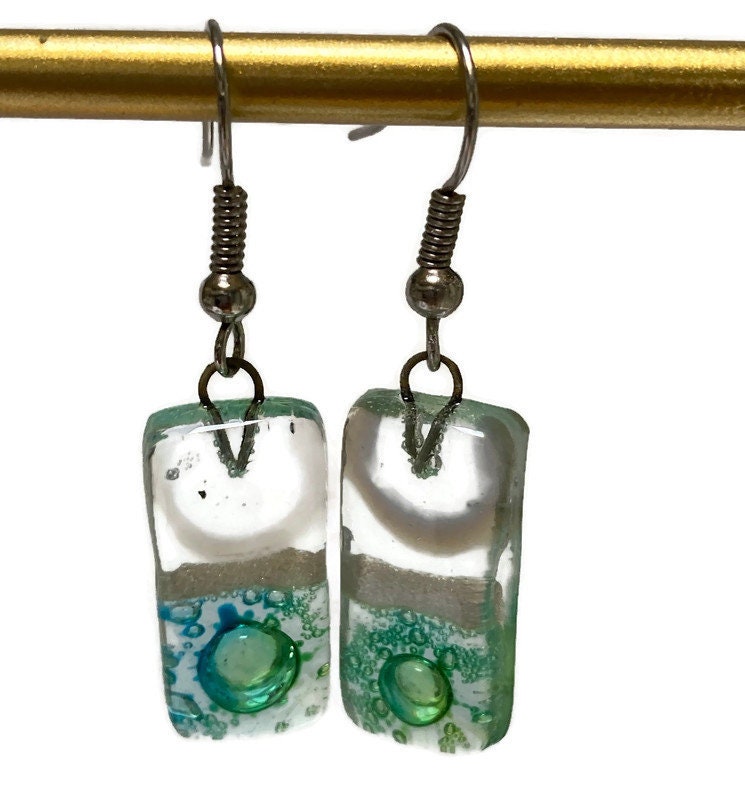 Clear and Green with pearly white details. Rectangle Dangle Earrings Recycled Glass. Fused drop Glass blue, brown and white drop earrings.