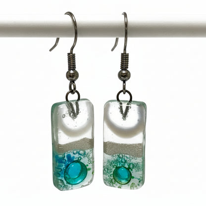 Clear and Green with pearly white details. Rectangle Dangle Earrings Recycled Glass. Fused drop Glass blue, brown and white drop earrings.