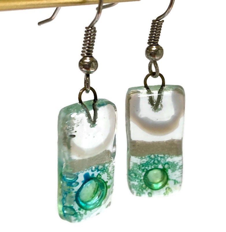 Clear and Green with pearly white details. Rectangle Dangle Earrings Recycled Glass. Fused drop Glass blue, brown and white drop earrings.