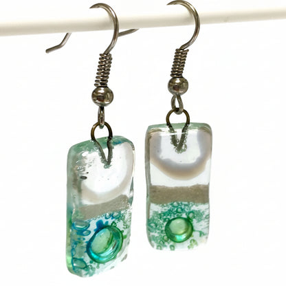 Clear and Green with pearly white details. Rectangle Dangle Earrings Recycled Glass. Fused drop Glass blue, brown and white drop earrings.