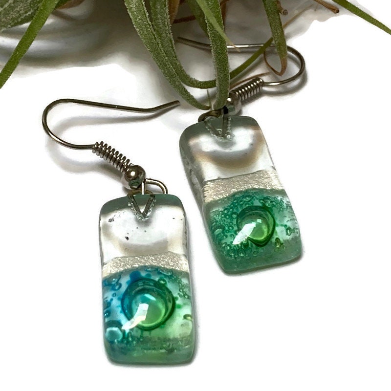 Clear and Green with pearly white details. Rectangle Dangle Earrings Recycled Glass. Fused drop Glass blue, brown and white drop earrings.