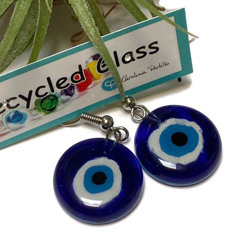 Evil Eye round dangle Fused Glass Drop Earrings. Everyday earrings. Handcrafted beads and charms.