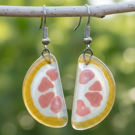 Grapefruit wedges Recycled Glass Drop Earrings. Purple Dangle earrings. Great gift. Fun eco friendly jewelry