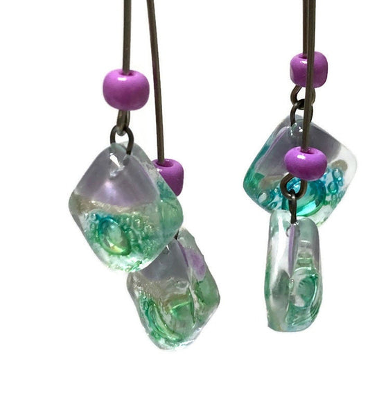 Long multiple bead Lilac, pearly white and green with bubbles earrings