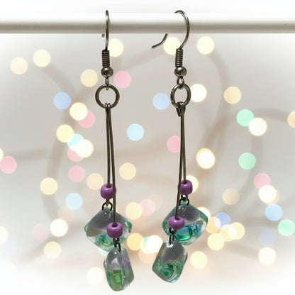 Long multiple bead Lilac, pearly white and green with bubbles earrings