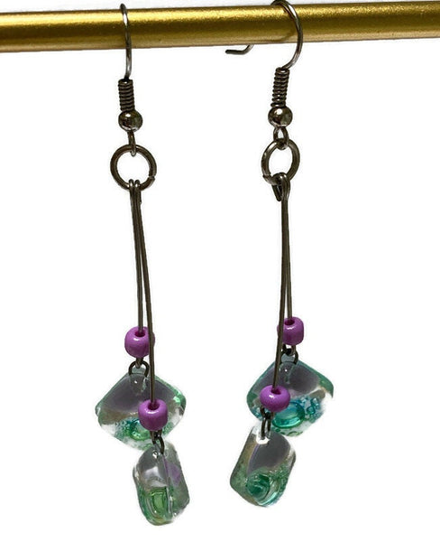 Long multiple bead Lilac, pearly white and green with bubbles earrings