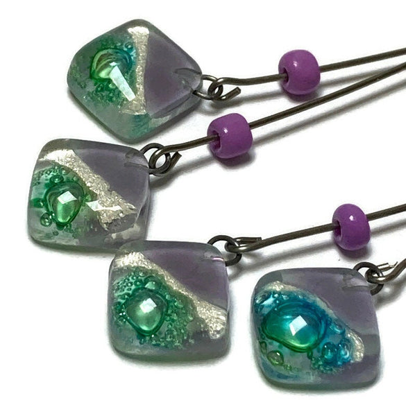 Long multiple bead Lilac, pearly white and green with bubbles earrings