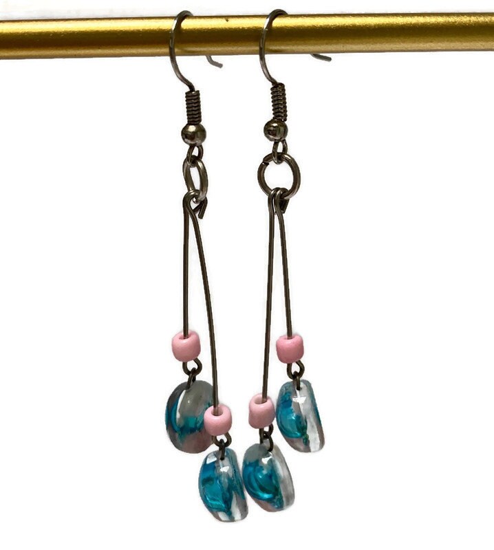 White, pink and turquoise Long multiple bead earrings